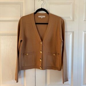 Loft Caramel Brown V-Neck Button Cardigan Academia Preppy Career Teacher M Soft